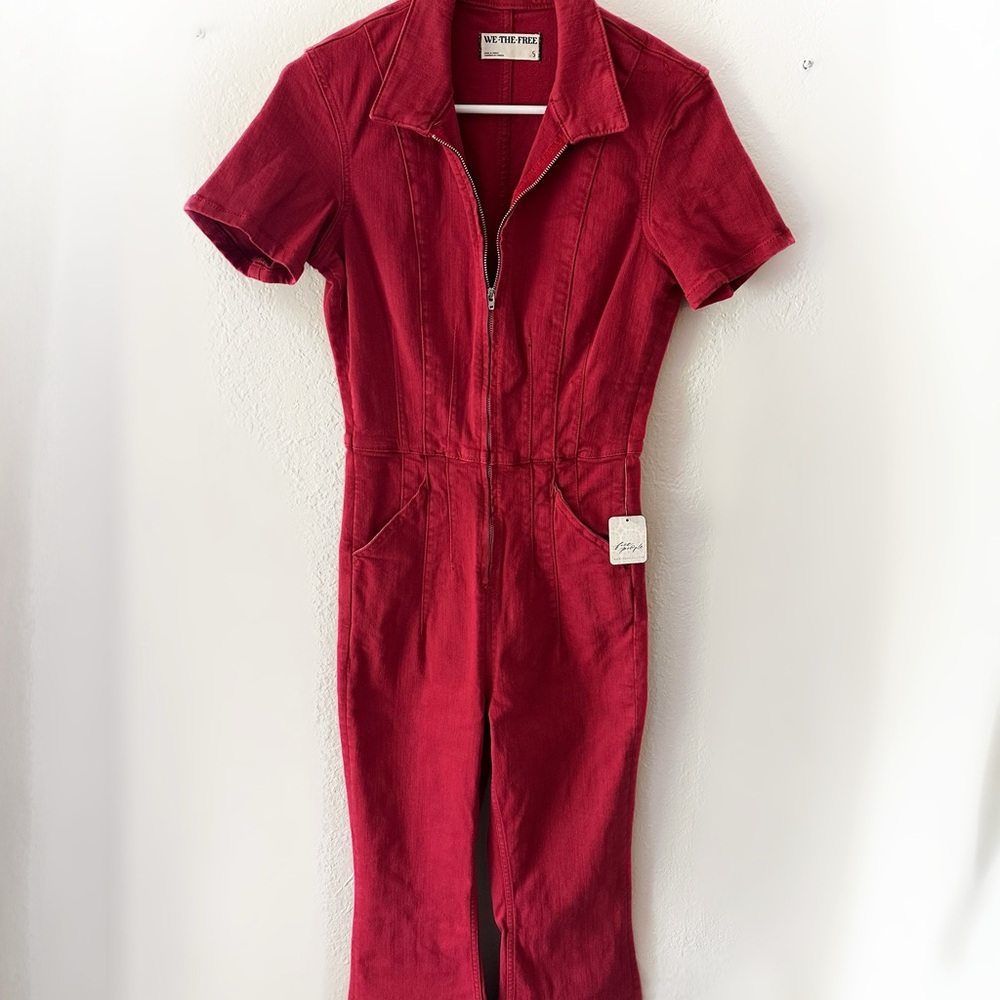 Free People we the free Jayde flare Zip Front Jumpsuit Red